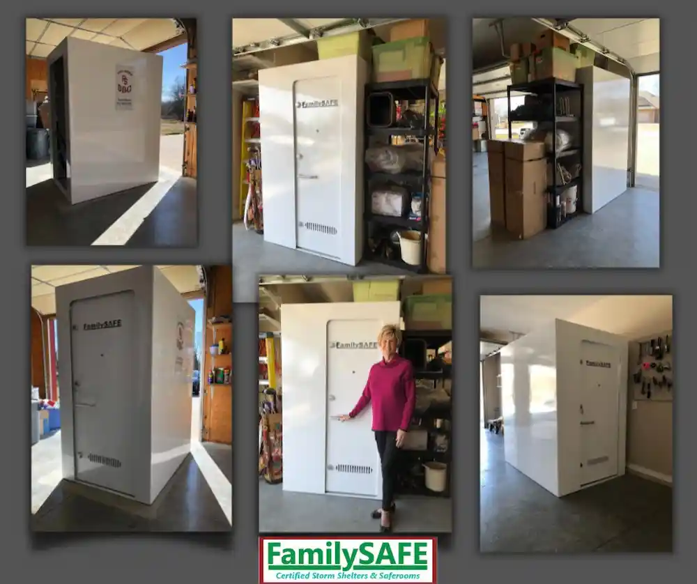 White storm shelter installed inside residential garage