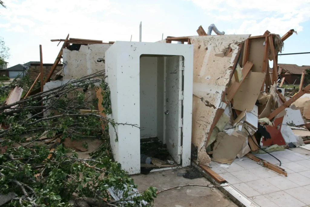 Tornado-damaged house with intact storm shelter