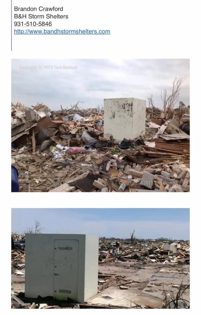 Concrete storm shelter standing amid tornado debris