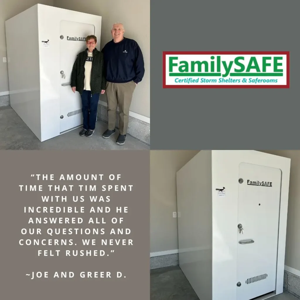 Couple standing beside FamilySAFE storm shelter in garage