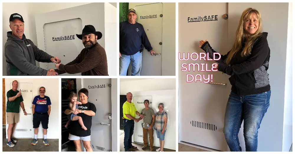 People smiling beside FamilySAFE storm shelters