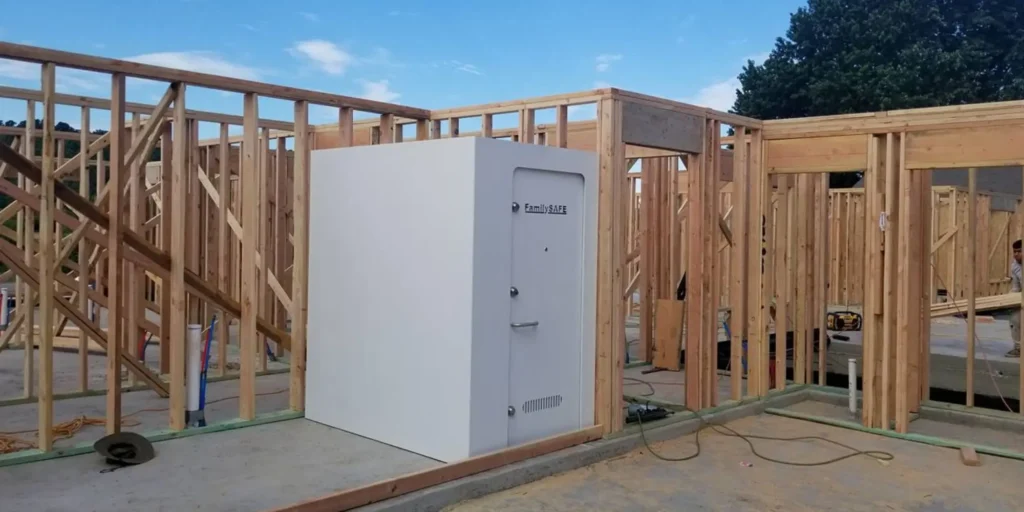 Wooden framework with a tornado shelter