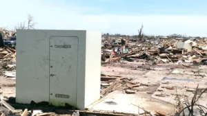 Storm shelter standing amid tornado destruction debris