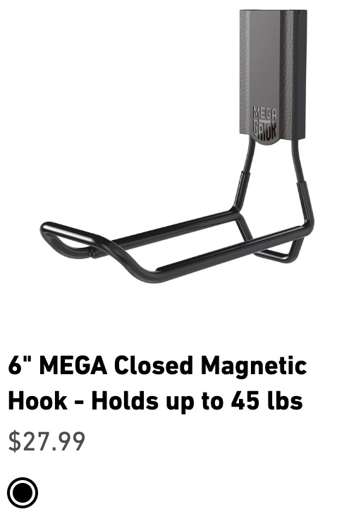 Black 6-inch magnetic hook holding 45 pounds