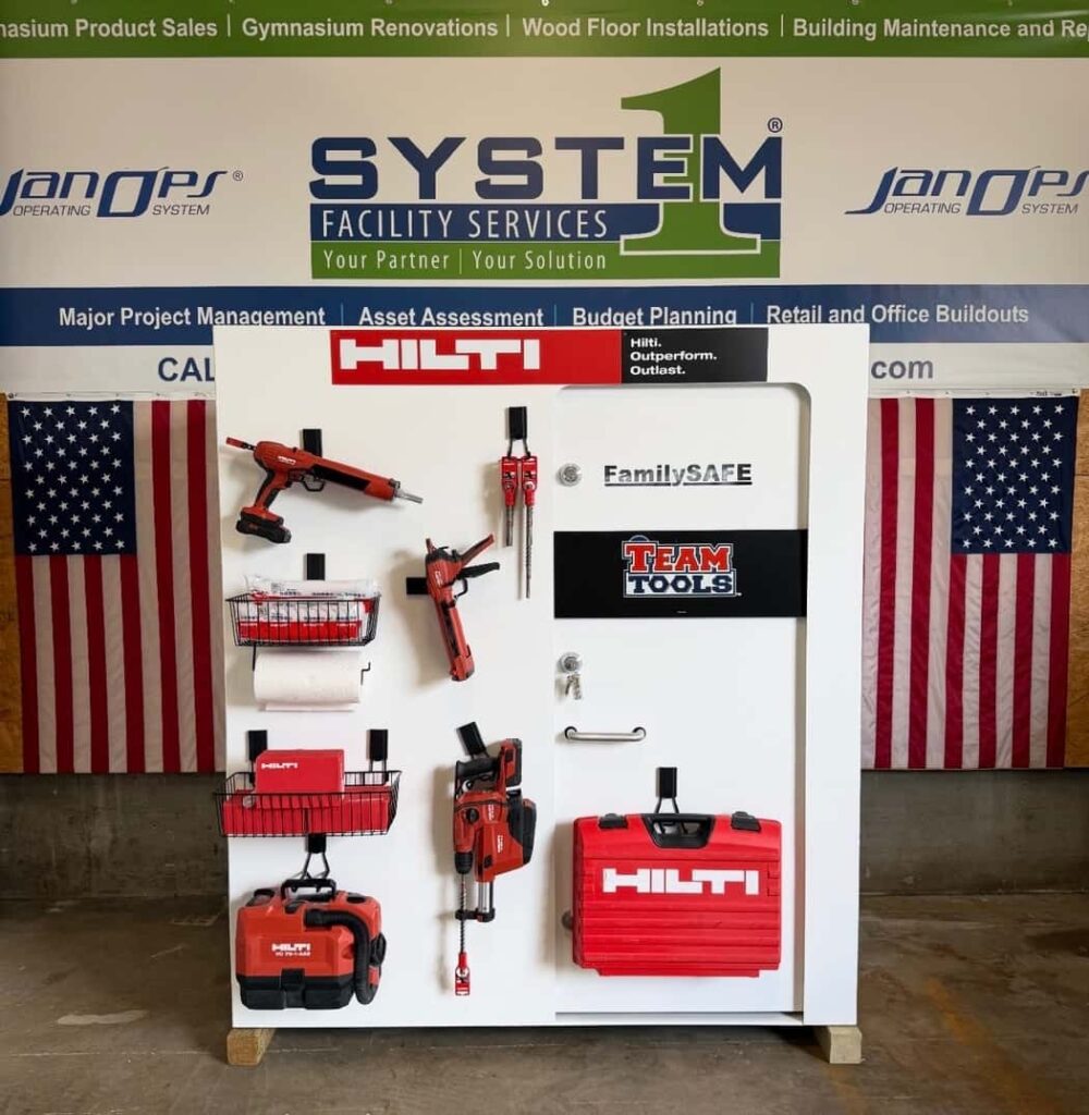Hilti tools organized on branded storage cabinet display