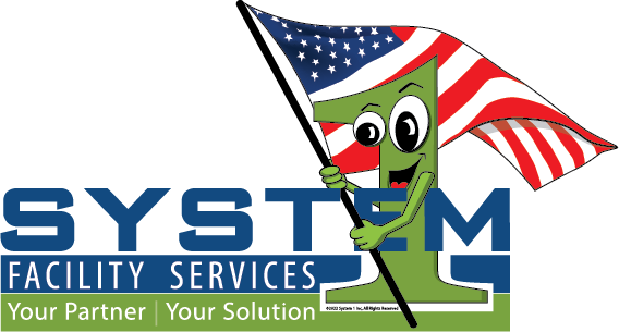 Cartoon mascot holding American flag with company logo