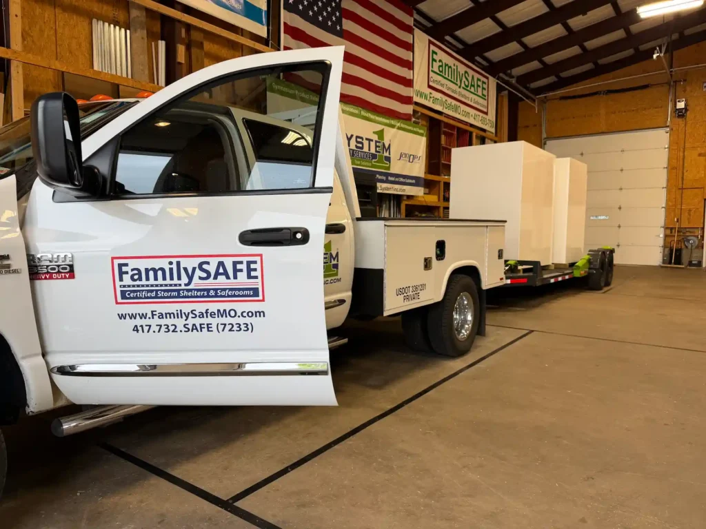 FamilySAFE truck towing storm shelters indoors