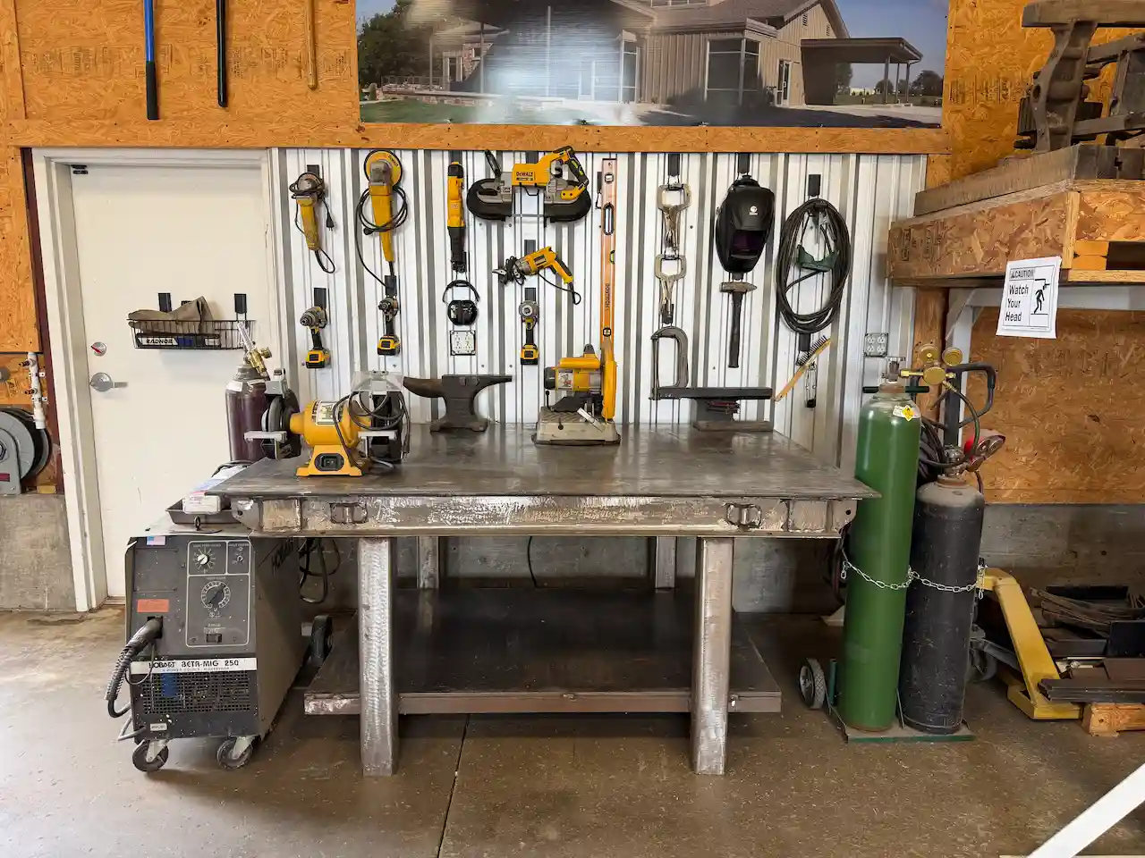 Organized workshop with metal workbench and tools